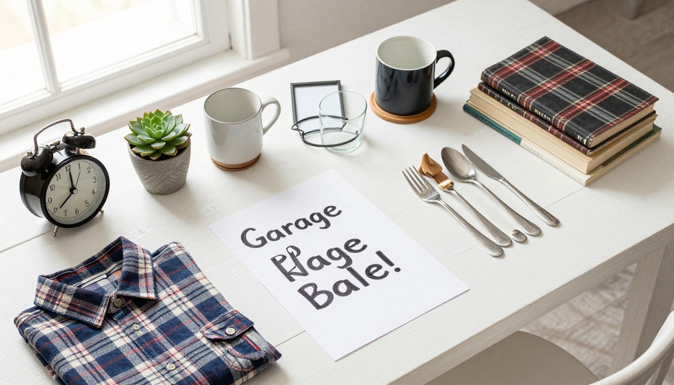 Overhead flat-lay of garage sale items with price tags on white surface