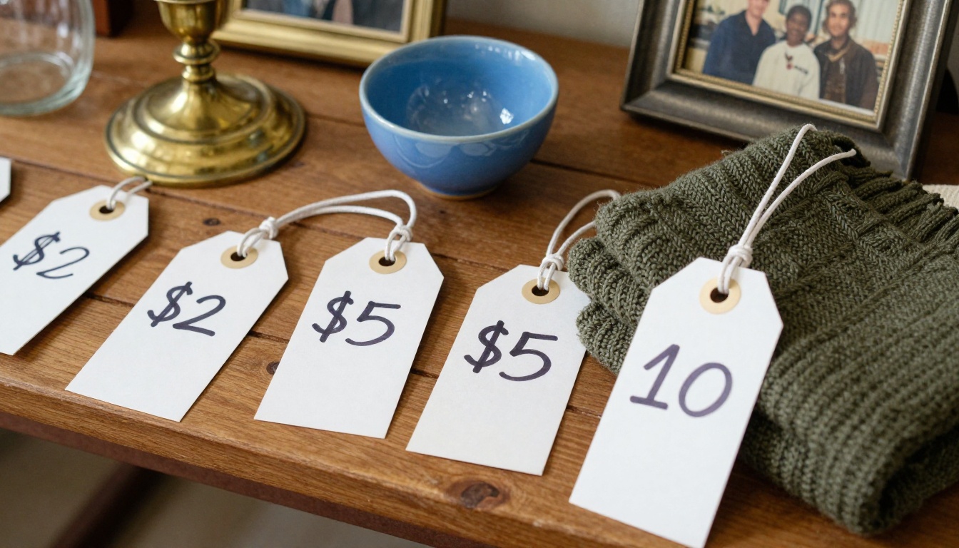 Close-up of handwritten price tags on garage sale items
