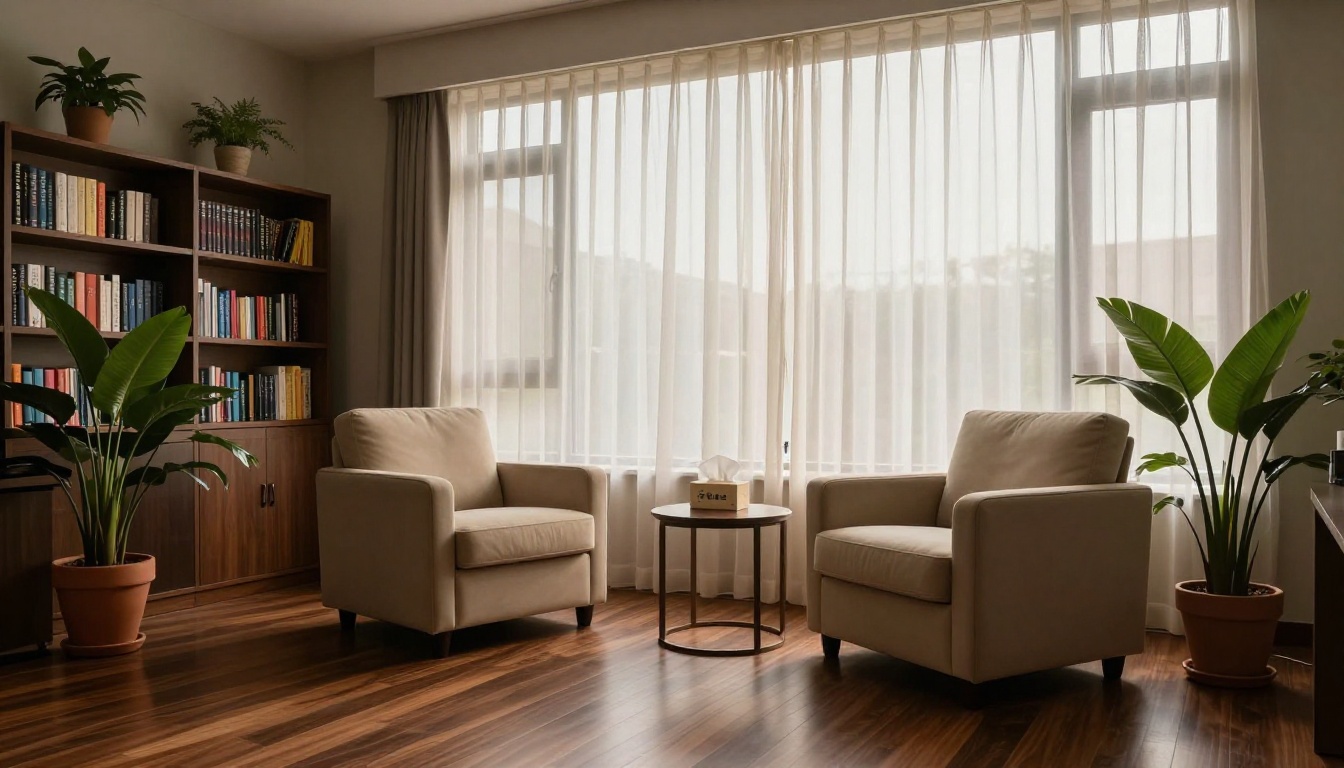 Serene therapy office interior with afternoon light