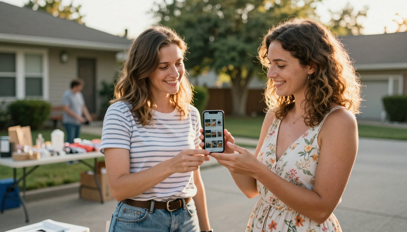 Woman showing digital catalog on smartphone to neighbor