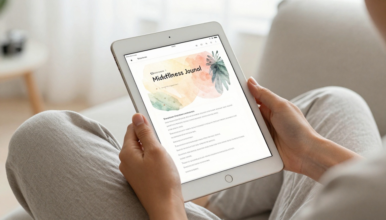 Hands holding iPad with mindfulness journal flipbook