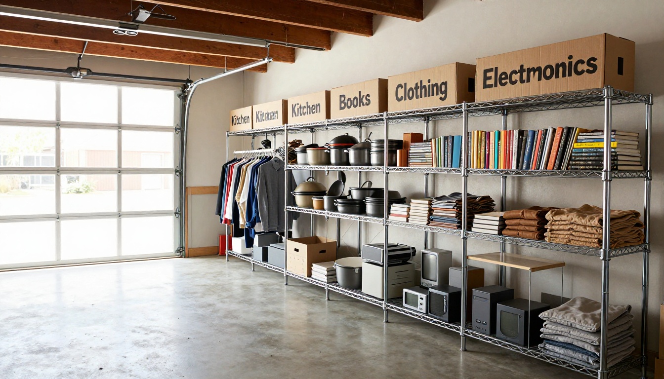 Organized garage shelving with categorized items by section