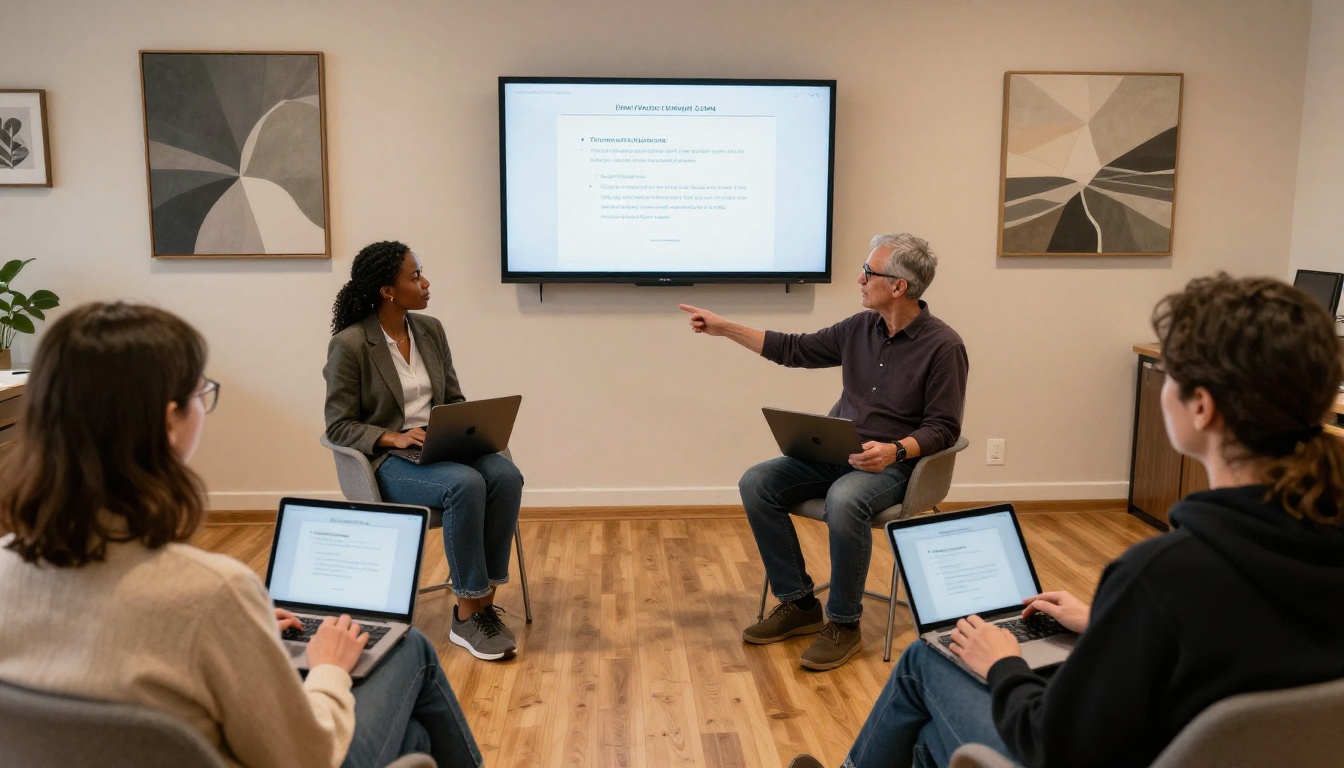 Group therapy session with participants using tablets