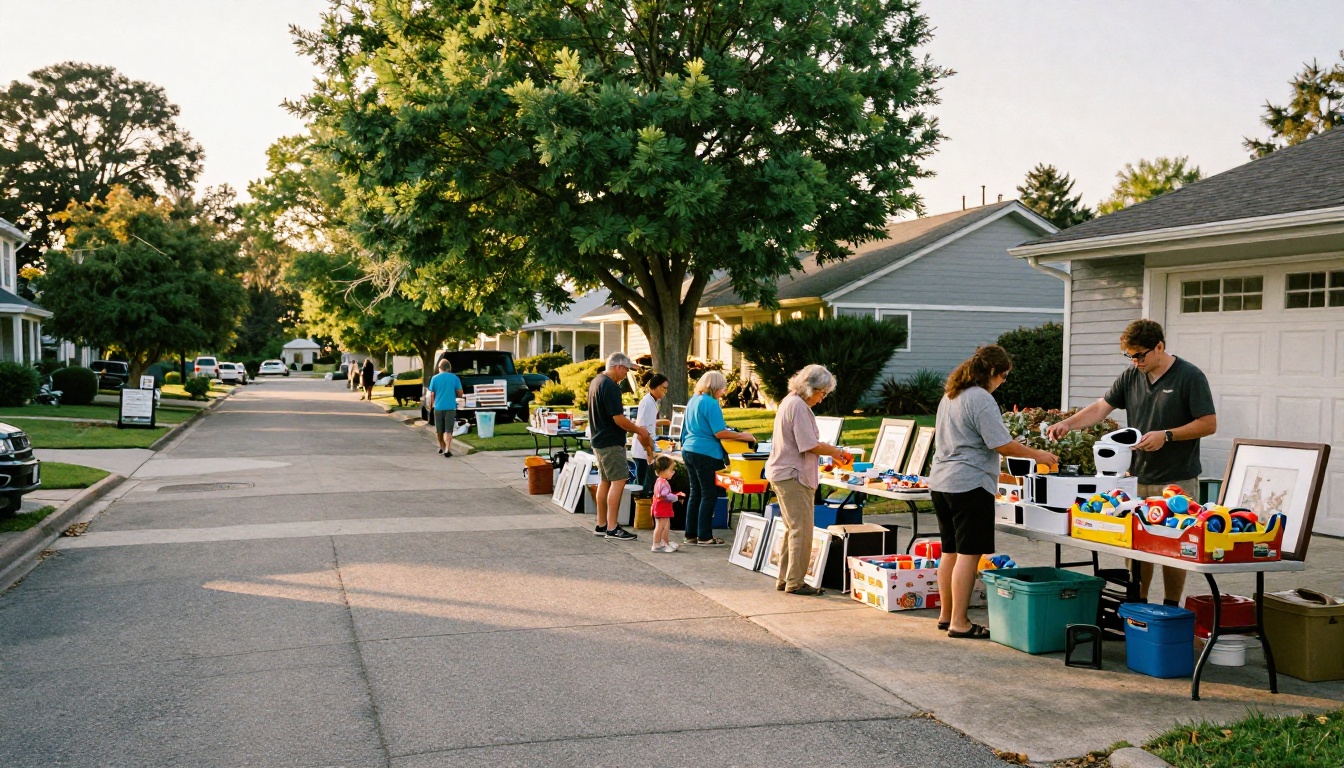 Morning garage sale with shoppers browsing tables in suburban driveway Morning garage sale with shoppers browsing tables in suburban driveway