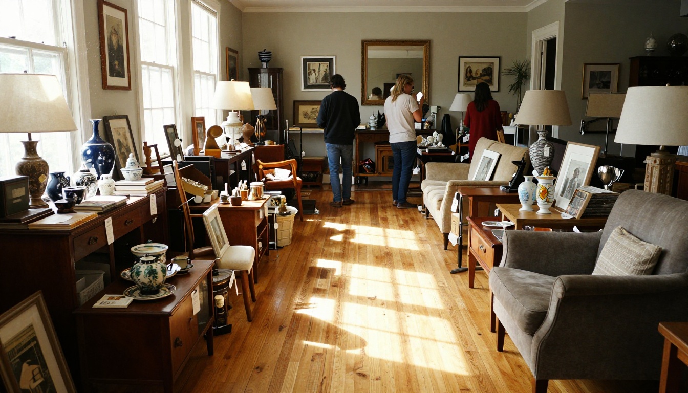 Indoor estate sale with diverse items displayed on tables and floor Indoor estate sale with diverse items displayed on tables and floor