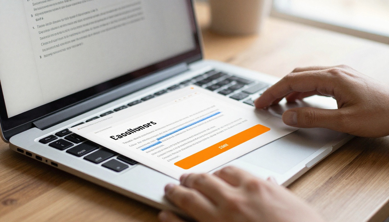 Close-up of a laptop screen showing a digital flipbook product catalog with blue underlined hyperlinks and an orange call-to-action button Close-up of a laptop screen showing a digital flipbook product catalog with blue underlined hyperlinks and an orange call-to-action button
