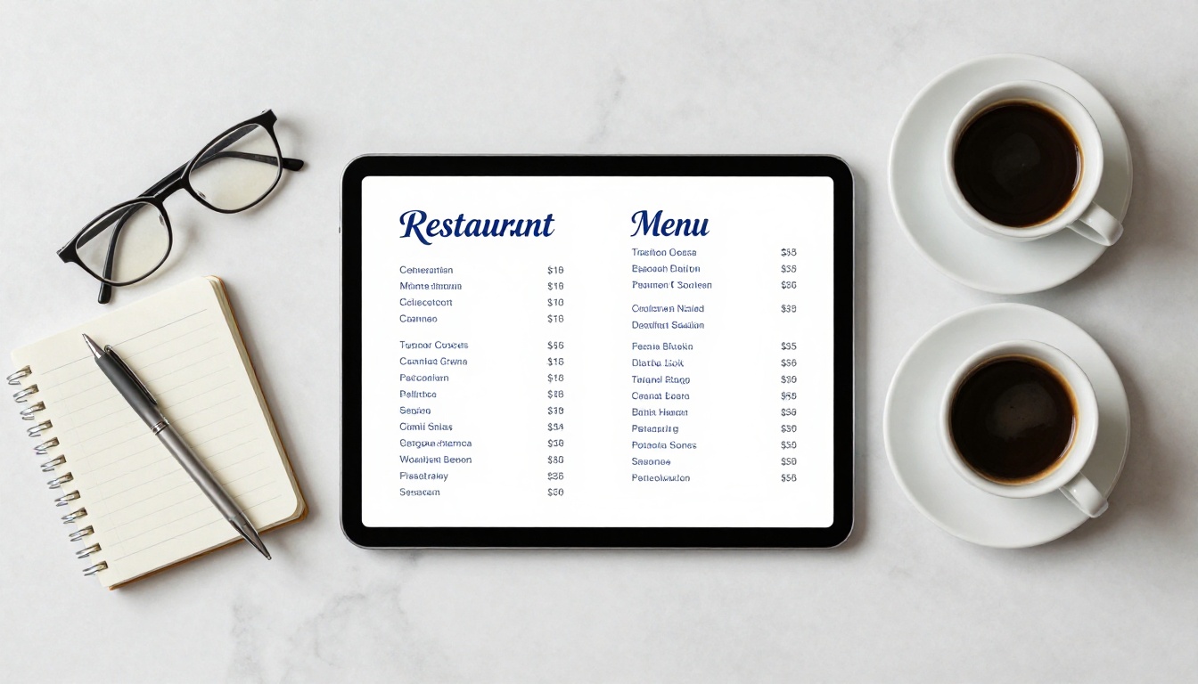 Flat-lay overhead view of a tablet showing a digital flipbook restaurant menu with clickable blue hyperlinks and a notebook nearby Flat-lay overhead view of a tablet showing a digital flipbook restaurant menu with clickable blue hyperlinks and a notebook nearby