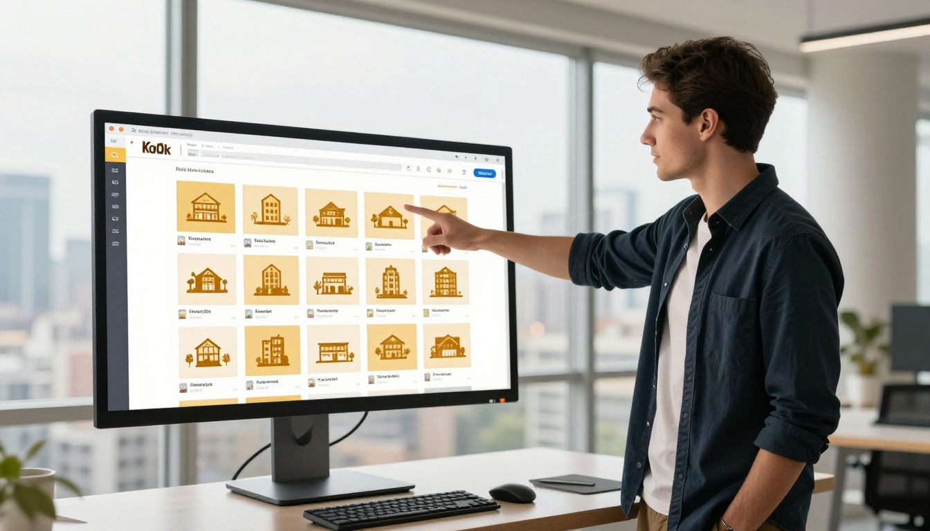 A young professional stands at a standing desk pointing to a wall-mounted monitor showing a real estate flipbook with clickable amber-colored links A young professional stands at a standing desk pointing to a wall-mounted monitor showing a real estate flipbook with clickable amber-colored links