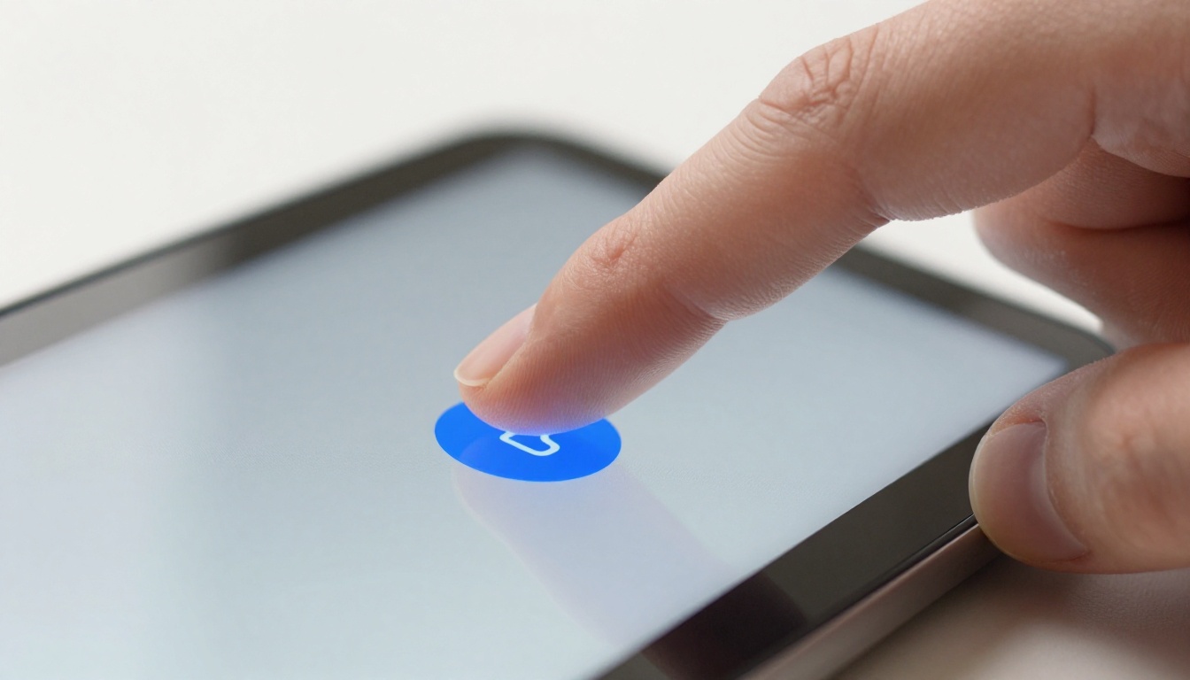 Macro close-up of a finger tapping a glowing blue hyperlink button on a tablet screen Macro close-up of a finger tapping a glowing blue hyperlink button on a tablet screen