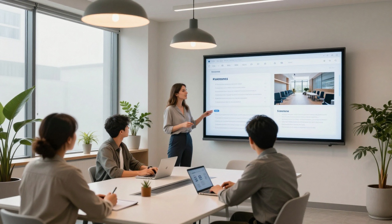 Woman presenting a digital flipbook on a projected screen to colleagues in a modern conference room