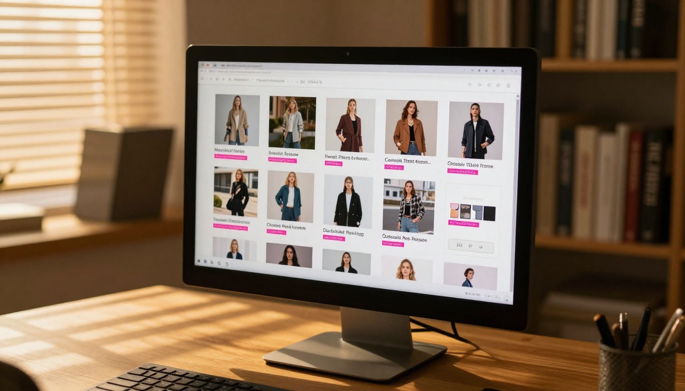 Low-angle view of a monitor displaying a fashion catalog flipbook with pink hyperlink labels and button elements on clothing items