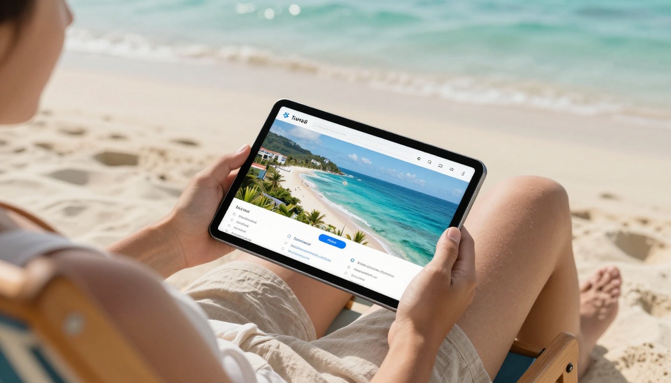 Aerial perspective of a person on a beach chair holding a tablet showing a travel guide flipbook with clickable destination links