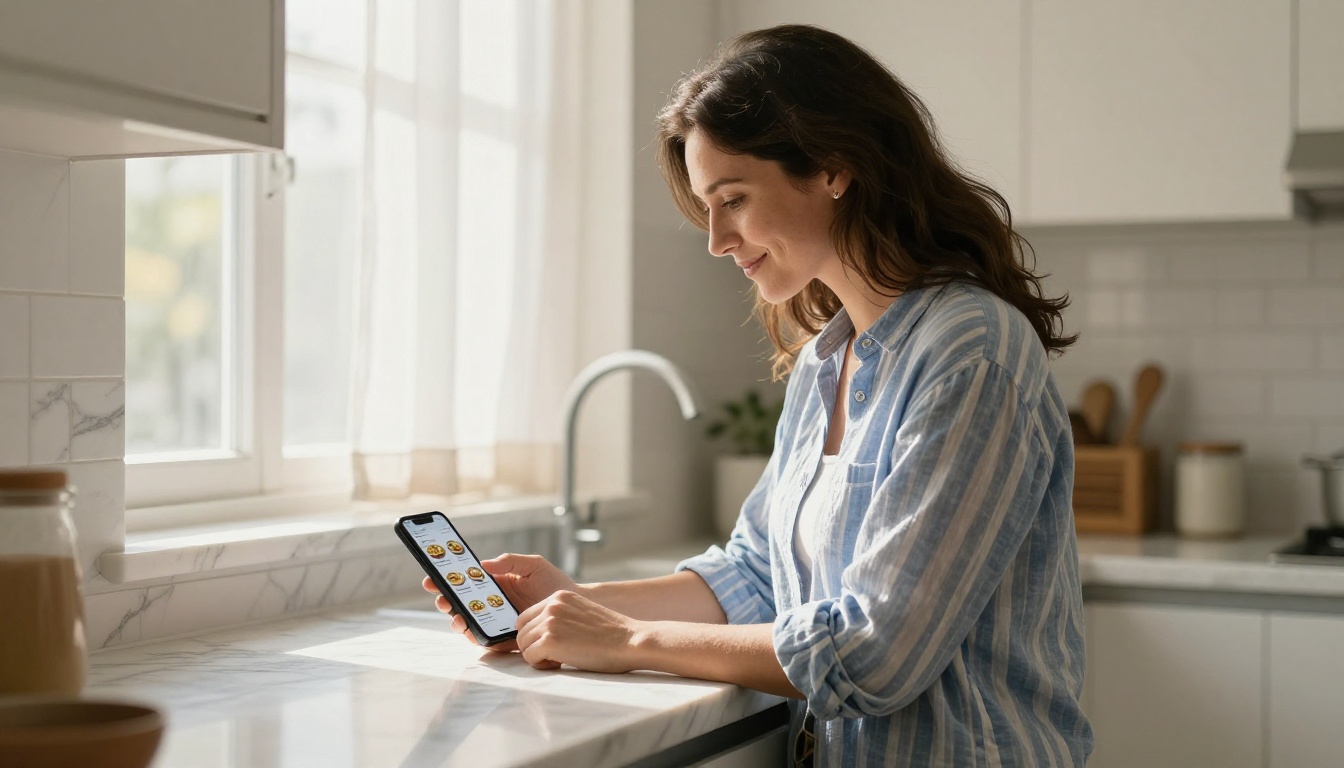 Woman in a sunlit kitchen using a smartphone to browse a flipbook with clickable recipe links