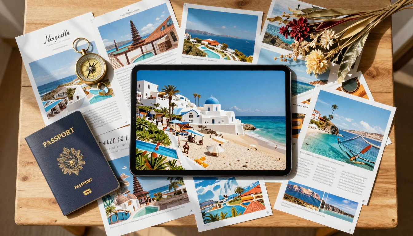 Travel brochures, passport, compass, and a tablet showing a digital flipbook in a flat lay arrangement Travel brochures, passport, compass, and a tablet showing a digital flipbook in a flat lay arrangement