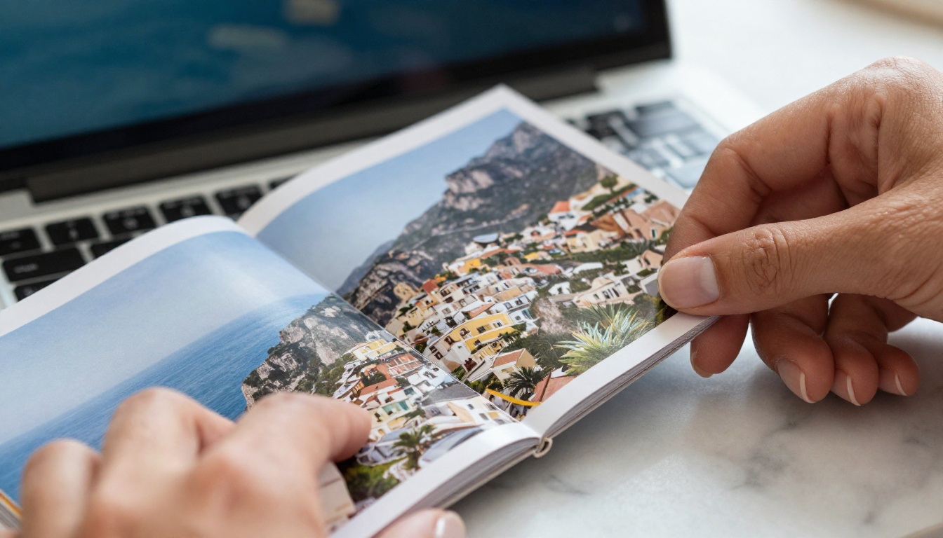 Close-up of hands turning a glossy travel brochure page showing the Amalfi Coast Close-up of hands turning a glossy travel brochure page showing the Amalfi Coast