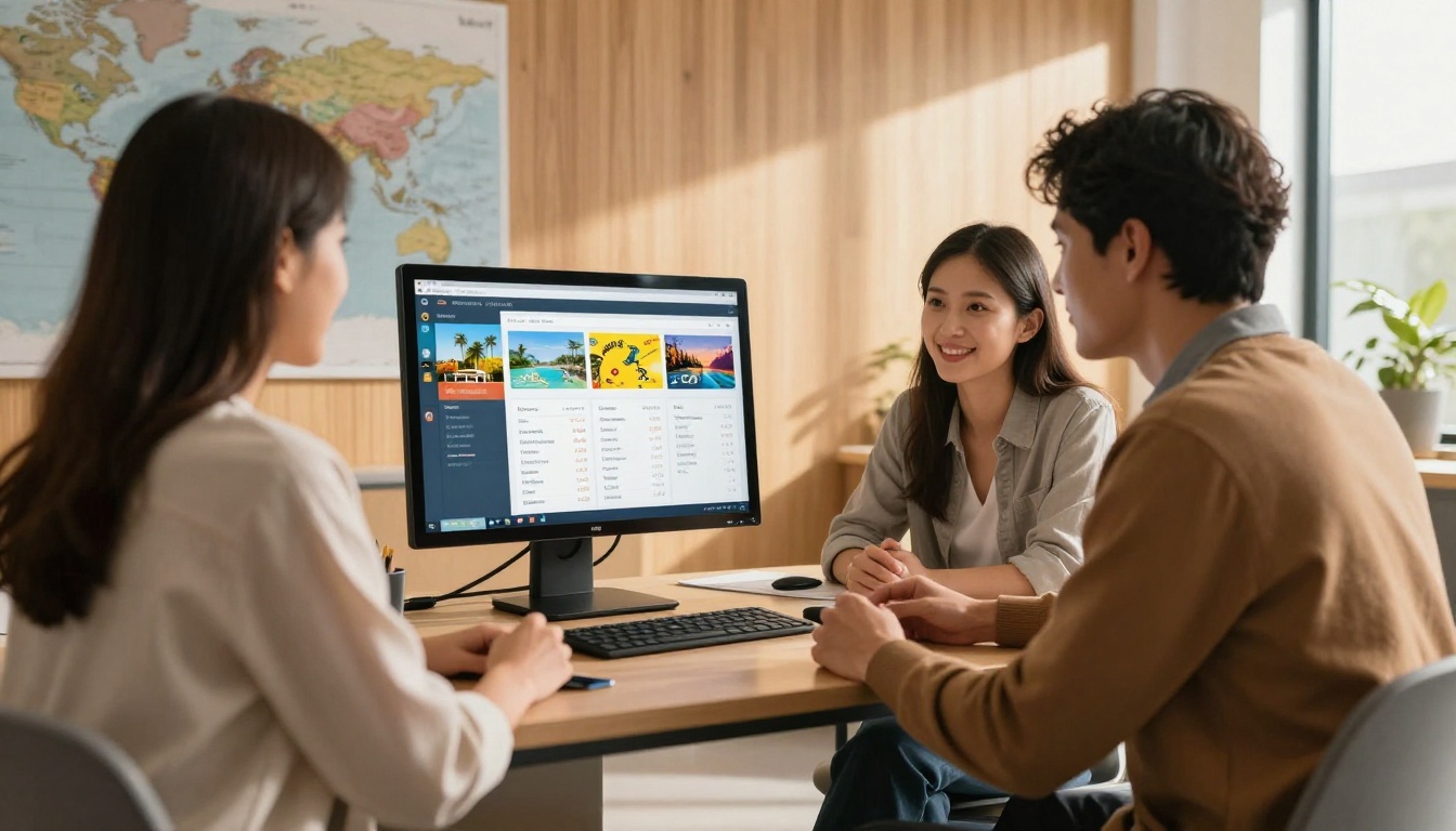 A couple and a travel agent reviewing a digital flipbook together on a desktop monitor A couple and a travel agent reviewing a digital flipbook together on a desktop monitor