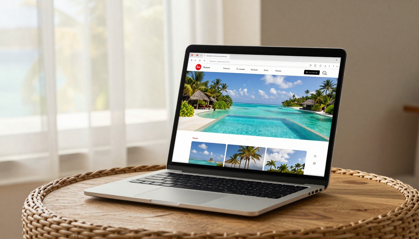 A sleek laptop near an open window displaying a digital travel flipbook with a tropical resort spread A sleek laptop near an open window displaying a digital travel flipbook with a tropical resort spread