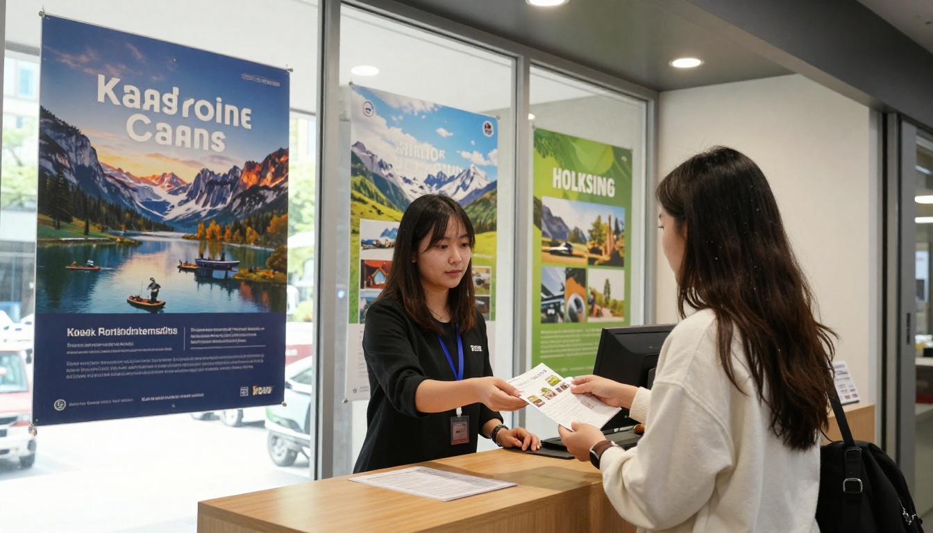 A travel agency receptionist handing a brochure to a customer at the front desk A travel agency receptionist handing a brochure to a customer at the front desk