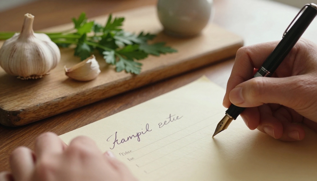 Close-up of a woman's hands writing a family recipe on a cream index card with a vintage fountain pen, warm natural light, Kodak Portra 400 tones