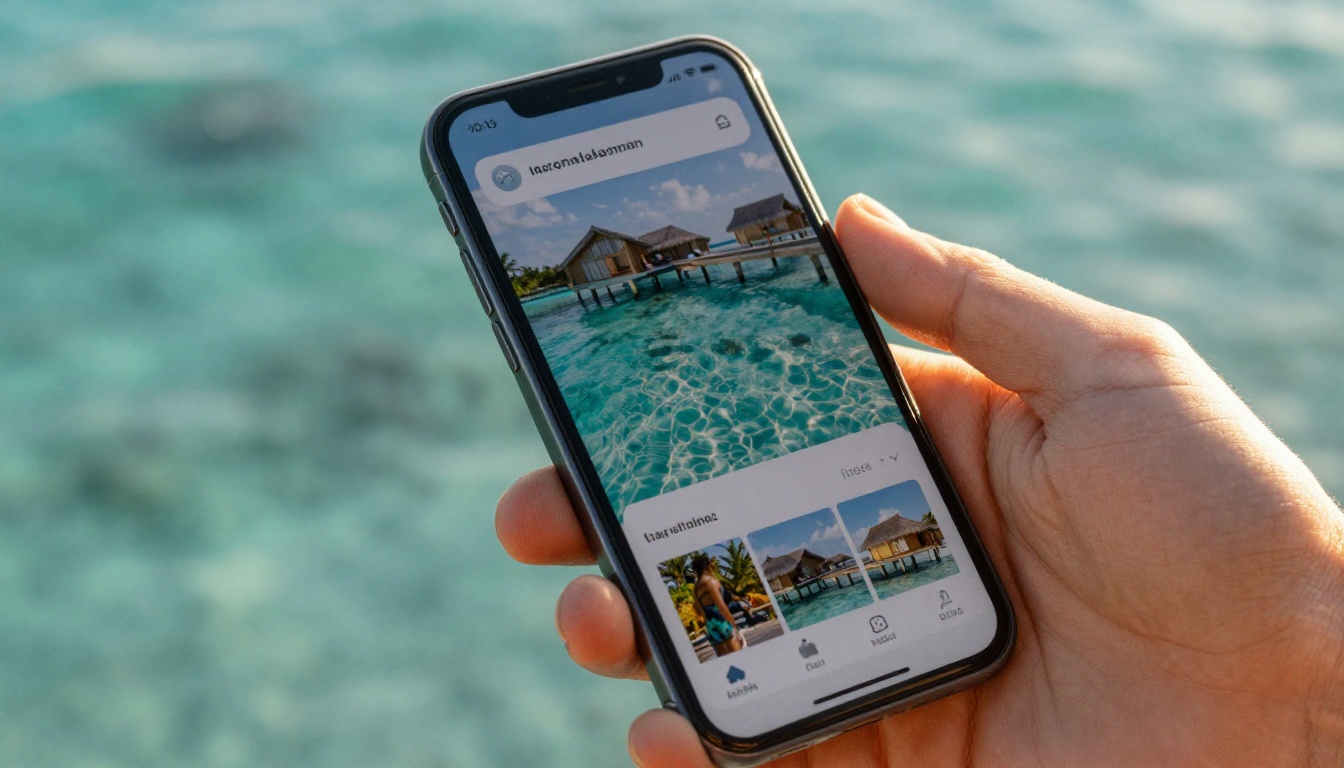 A smartphone displaying a mobile-responsive travel flipbook with a Maldives overwater bungalow spread A smartphone displaying a mobile-responsive travel flipbook with a Maldives overwater bungalow spread
