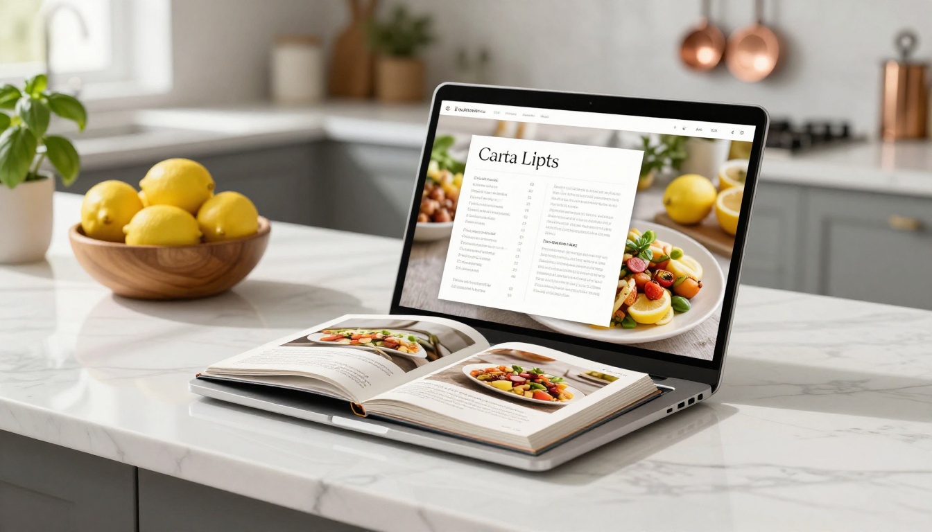 A modern laptop on a white marble countertop displaying a digital recipe flipbook with a realistic page-turn effect, natural daylight, warm kitchen background
