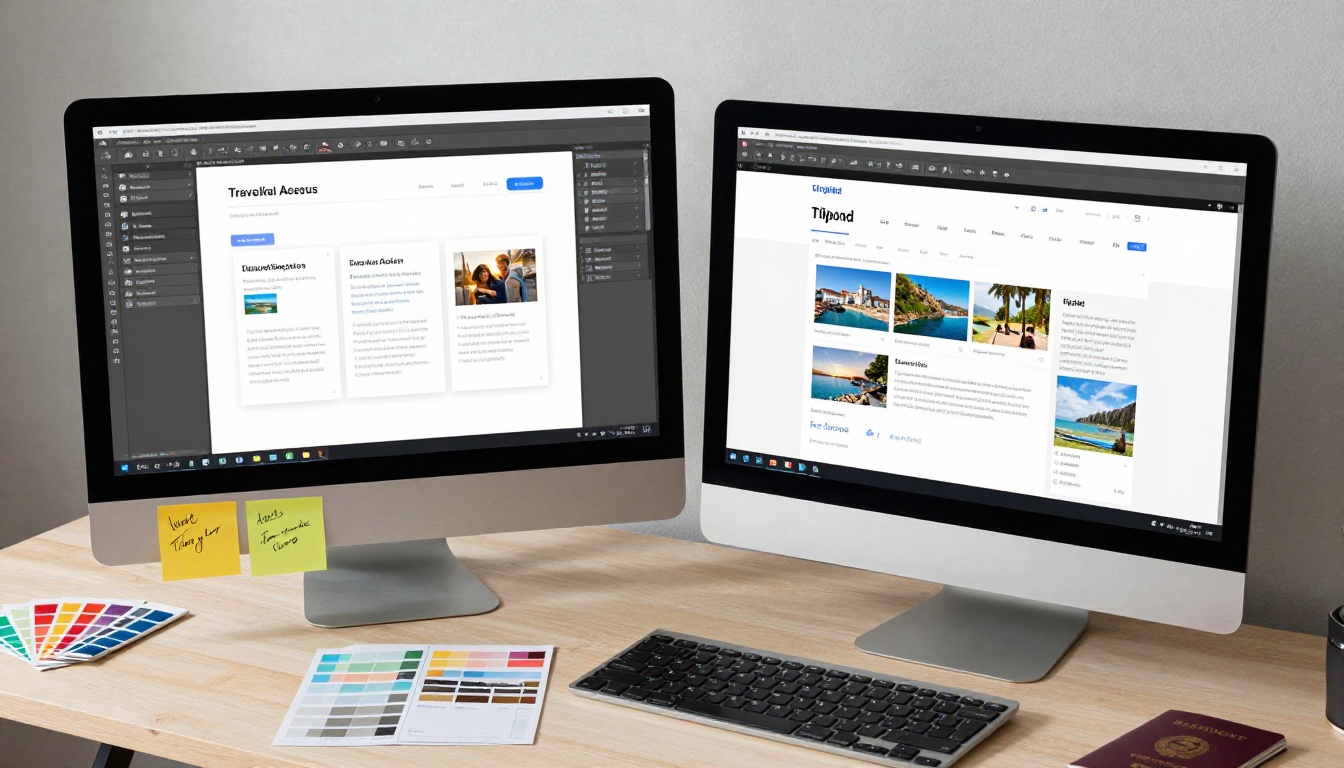 A designer working on a dual-monitor setup building a travel brochure PDF and previewing it as a flipbook A designer working on a dual-monitor setup building a travel brochure PDF and previewing it as a flipbook