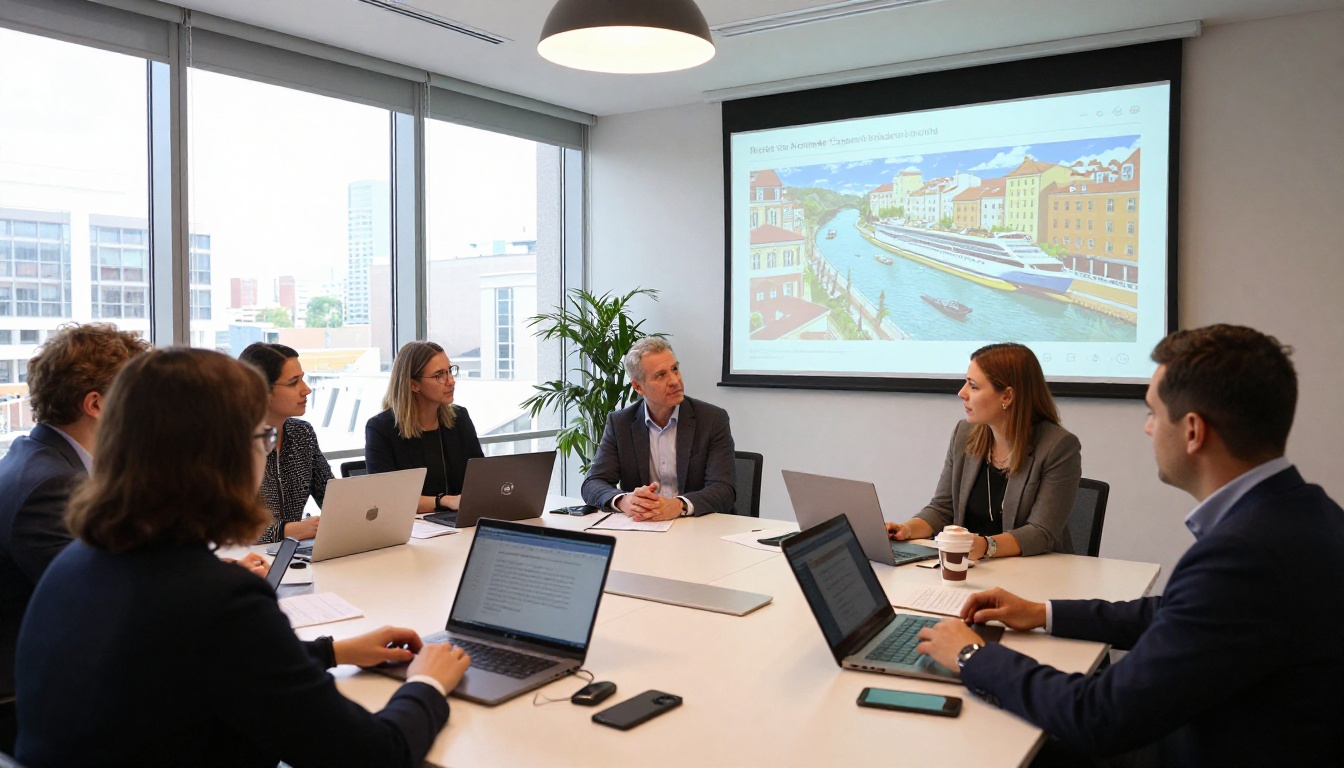 A travel agency team reviewing a digital flipbook projected on a wall screen during a meeting A travel agency team reviewing a digital flipbook projected on a wall screen during a meeting
