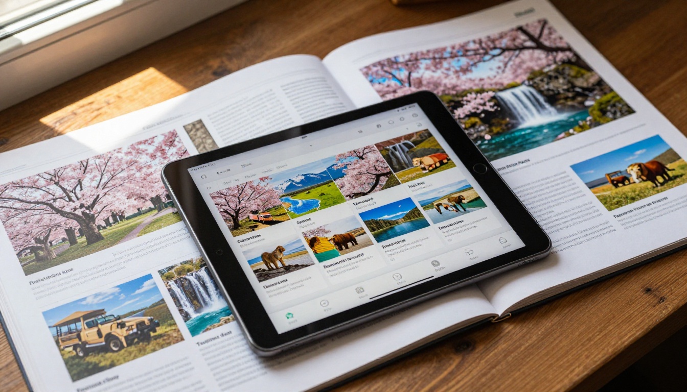 Open printed travel catalogs and a tablet showing a digital flipbook version spread across a wooden surface Open printed travel catalogs and a tablet showing a digital flipbook version spread across a wooden surface