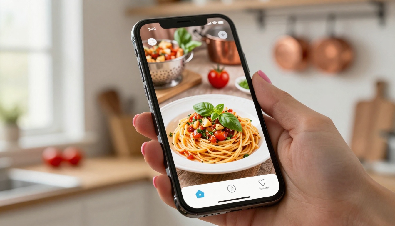 Close-up of a smartphone showing a digital recipe flipbook held in a woman's hand with rose-painted nails, warm terracotta kitchen background
