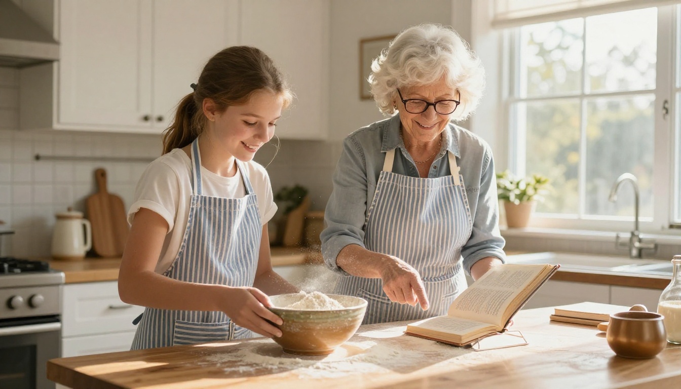 A grandmother and teenage granddaughter cooking together joyfully in a bright sunlit kitchen, both wearing matching striped aprons, flour dust in golden afternoon light