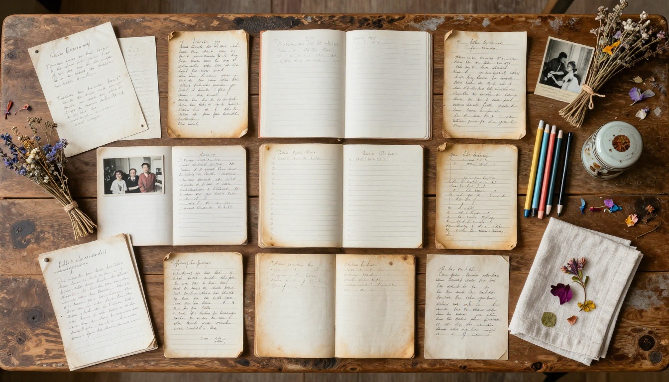 Overhead flat-lay shot of handwritten recipe cards, vintage family photos, dried herb bundles, and colored pens arranged on a rustic wooden table