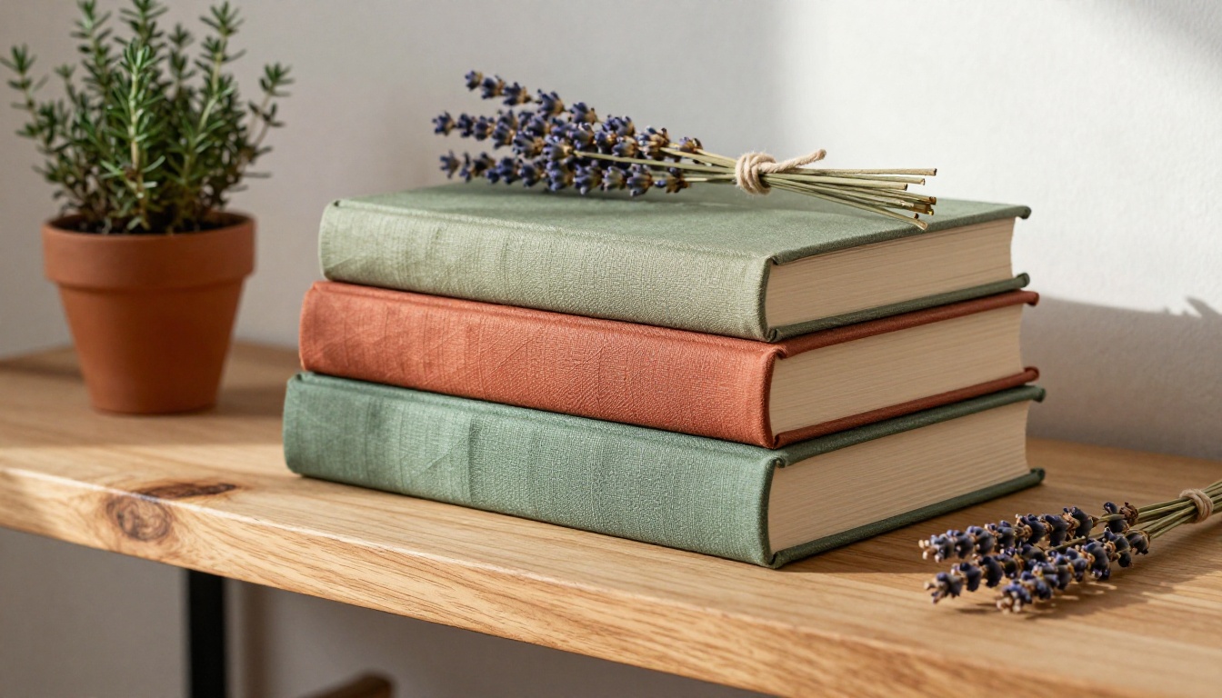 A curated stack of beautifully bound family recipe books with linen hardcovers in earthy tones on a wooden shelf with potted herbs beside them A curated stack of beautifully bound family recipe books with linen hardcovers in earthy tones on a wooden shelf with potted herbs beside them