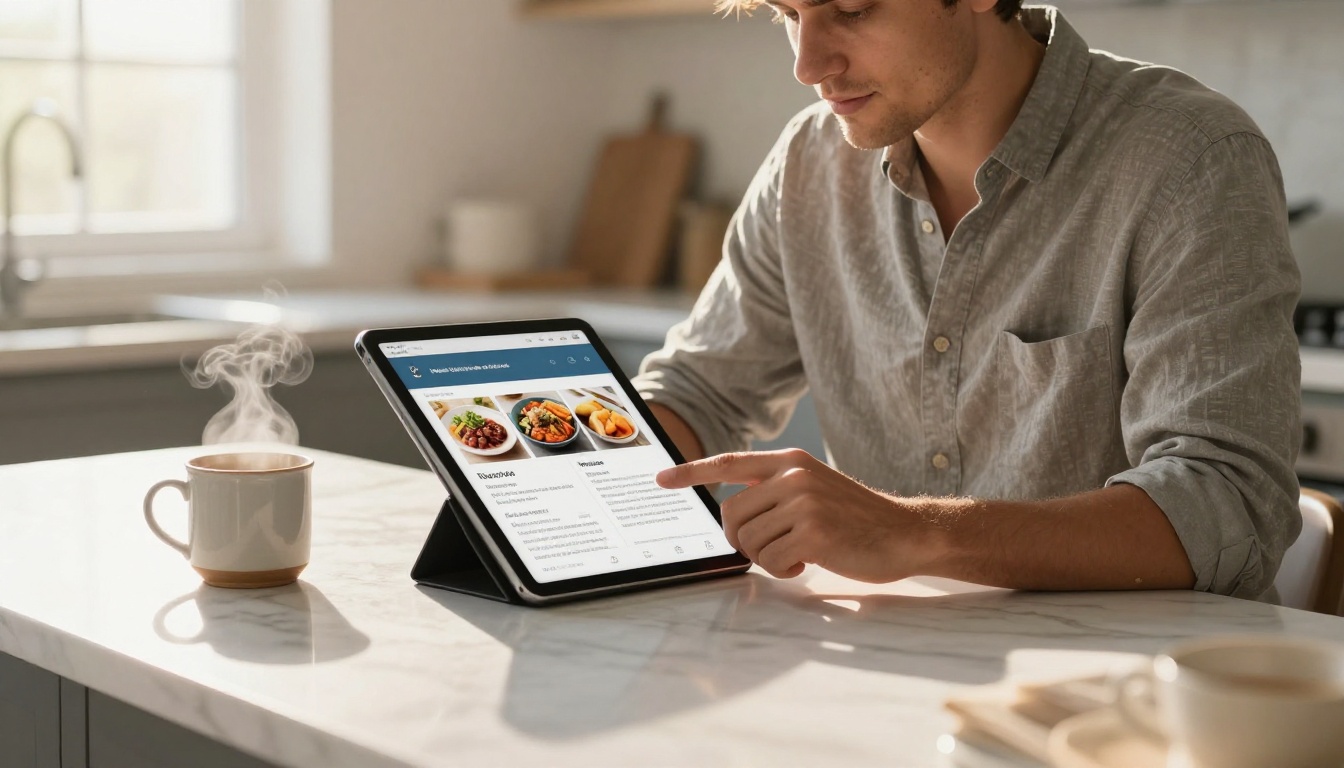 A man with rolled linen sleeves scrolling a recipe flipbook on a tablet at a marble kitchen island, steaming coffee mug beside him, morning backlight A man with rolled linen sleeves scrolling a recipe flipbook on a tablet at a marble kitchen island, steaming coffee mug beside him, morning backlight