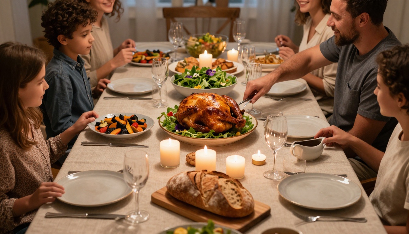 A beautifully abundant family dinner spread on a large oval table with roasted chicken, vegetables, salad, bread, and family hands reaching in to serve A beautifully abundant family dinner spread on a large oval table with roasted chicken, vegetables, salad, bread, and family hands reaching in to serve