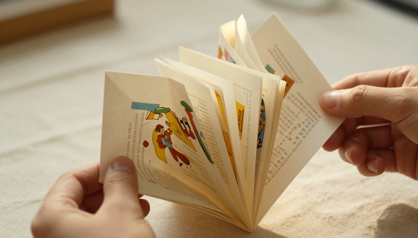 Physical paper flipbook fanned open showing colorful printed content inside