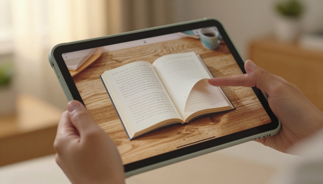 Person holding iPad showing a digital flipbook with realistic page-turn animation
