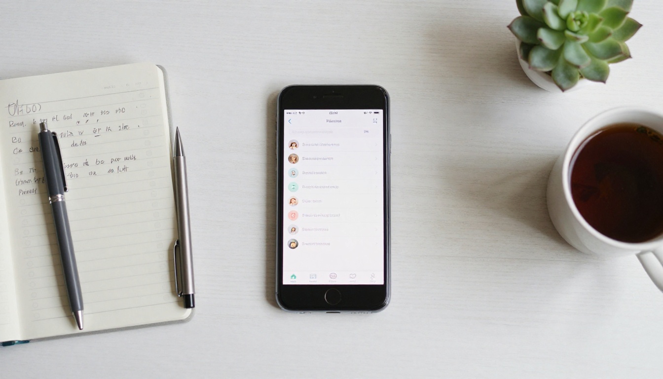 Aerial flat lay of smartphone sharing a digital flipbook alongside notebook and pen on white desk
