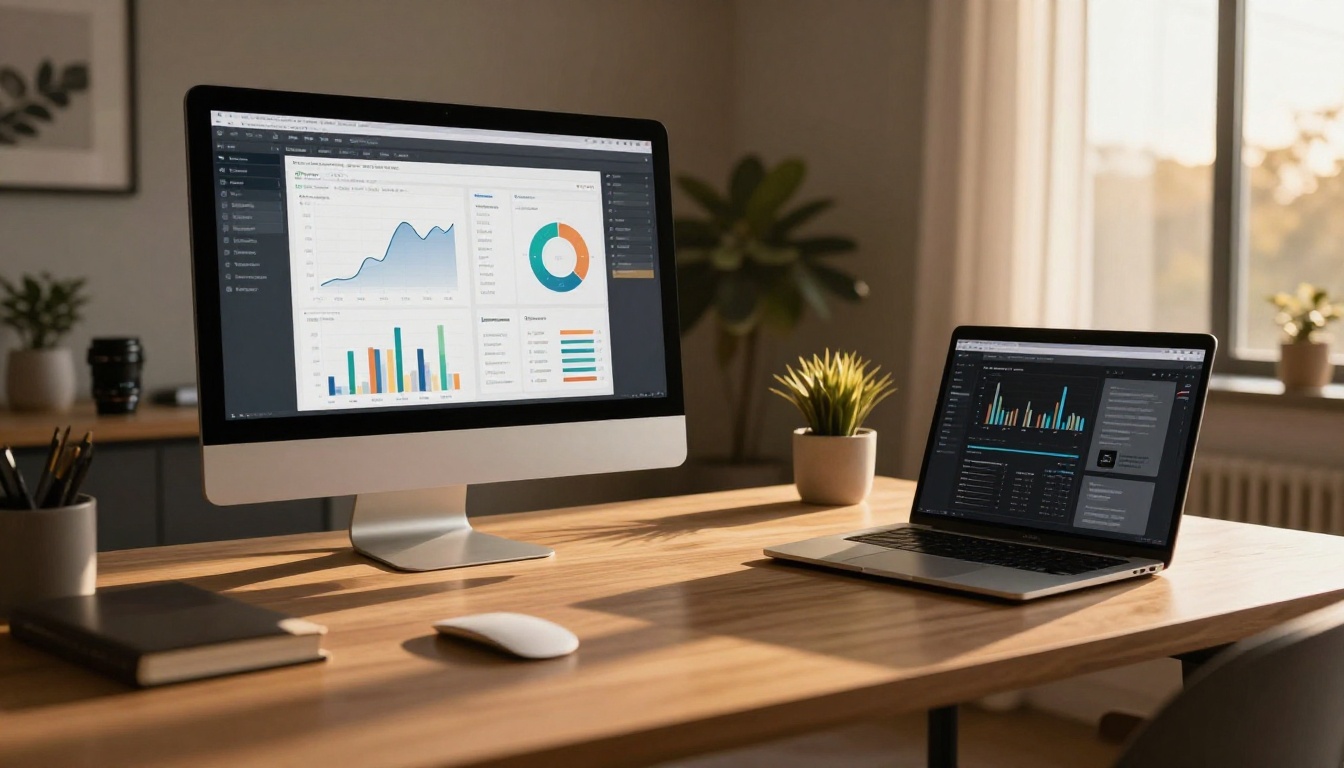 Analytics dashboard on iMac showing flipbook viewer statistics and performance graphs