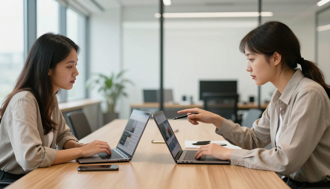 Two professionals reviewing a polished digital flipbook presentation on a laptop in a modern office setting