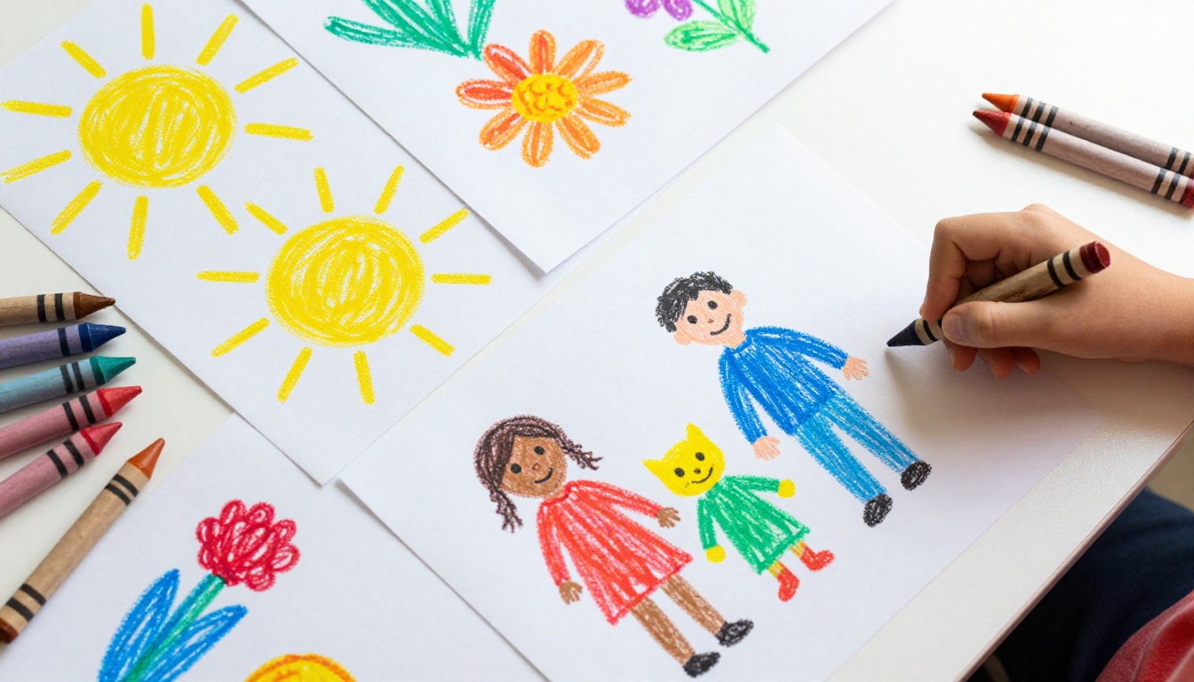 Colorful crayon drawings laid out from above on a bright white surface Colorful crayon drawings laid out from above on a bright white surface
