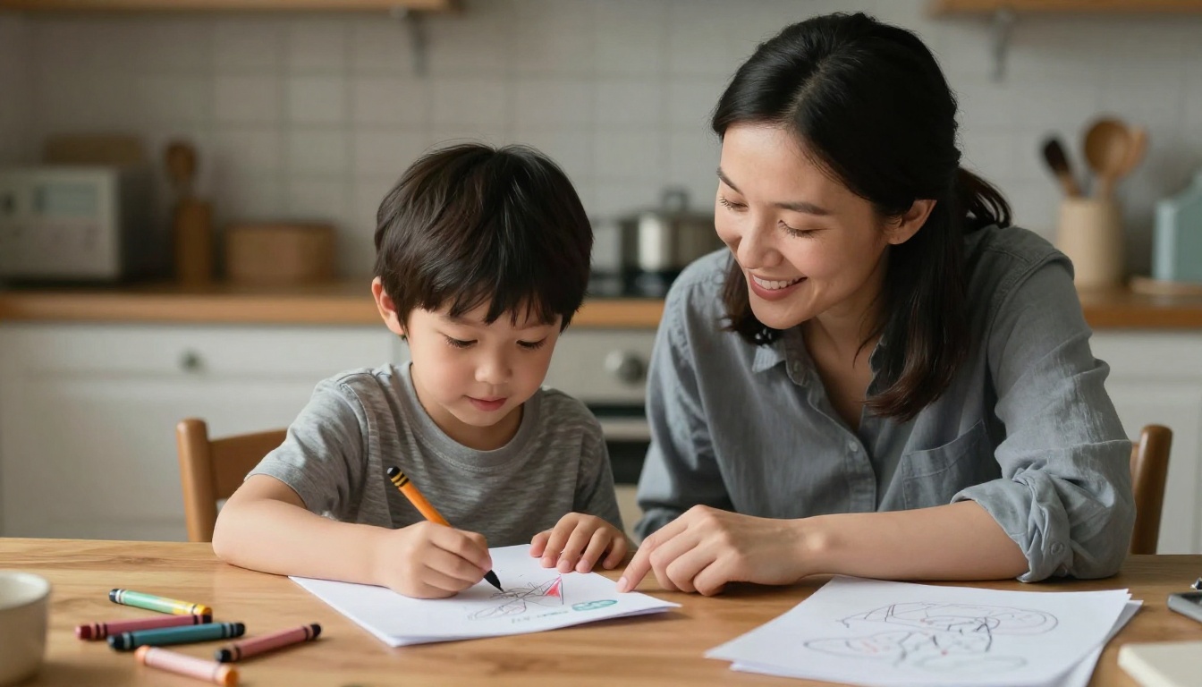 A parent and child scanning artwork with a smartphone at a kitchen table A parent and child scanning artwork with a smartphone at a kitchen table