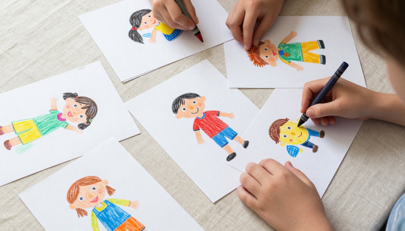 A flatlay of children's artwork pages being organized in sequence on a linen surface A flatlay of children's artwork pages being organized in sequence on a linen surface