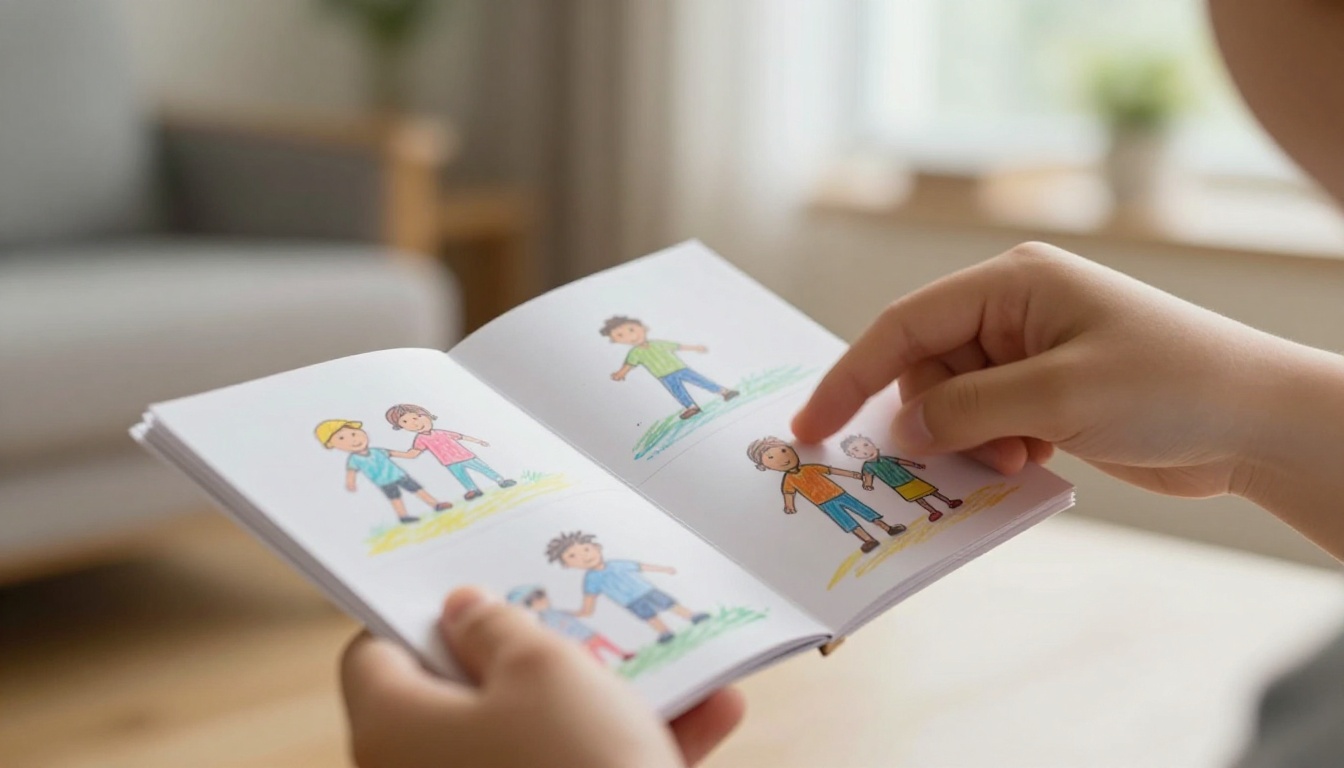 A child's hands flipping through a handmade flipbook of their own crayon drawings A child's hands flipping through a handmade flipbook of their own crayon drawings