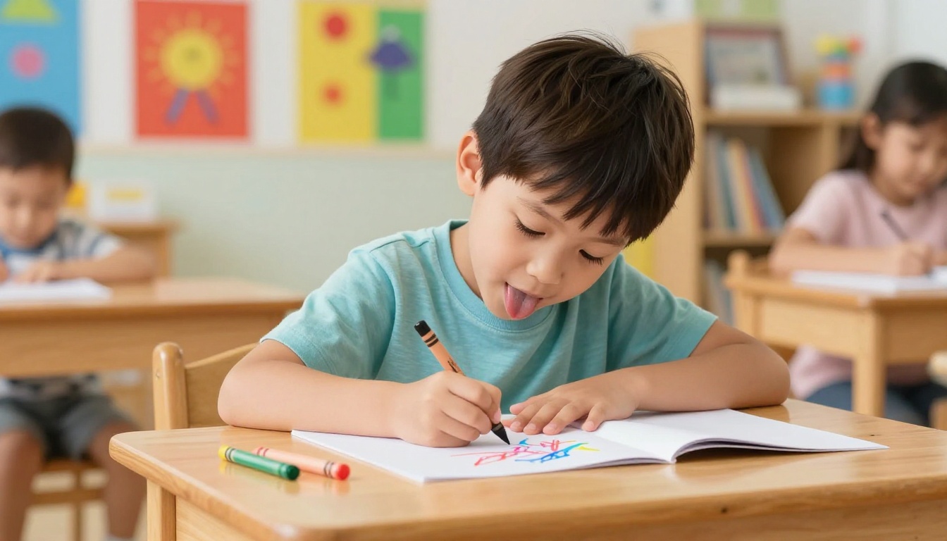 A young child concentrating on drawing with crayons at a school desk A young child concentrating on drawing with crayons at a school desk