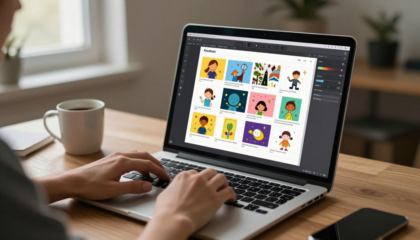 A laptop showing a digital flipbook editor with children's artwork pages A laptop showing a digital flipbook editor with children's artwork pages