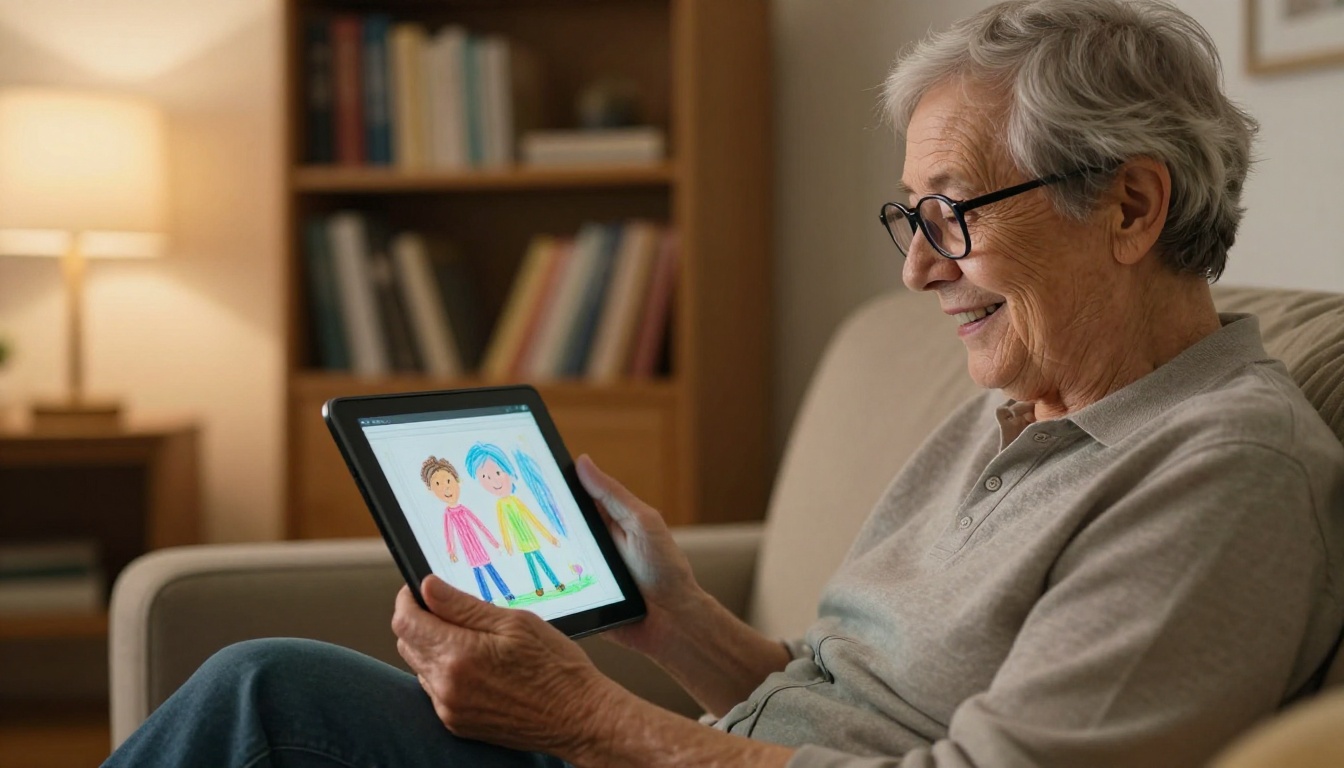 A grandparent smiling while viewing a children's digital flipbook on a tablet A grandparent smiling while viewing a children's digital flipbook on a tablet