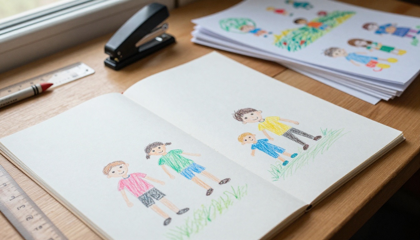 A physical handmade flipbook lying open next to original drawings on a wooden table A physical handmade flipbook lying open next to original drawings on a wooden table