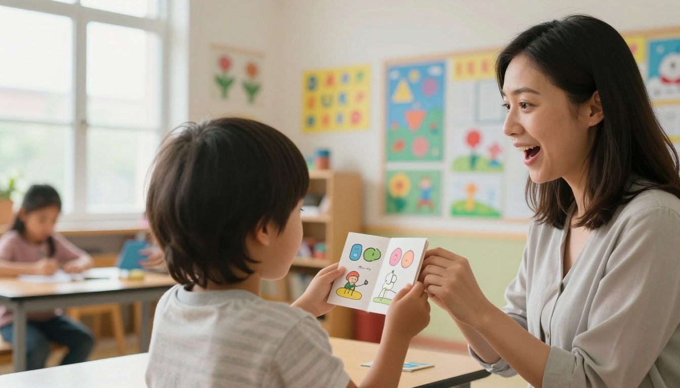 A child proudly presenting a completed flipbook to a kindergarten teacher A child proudly presenting a completed flipbook to a kindergarten teacher
