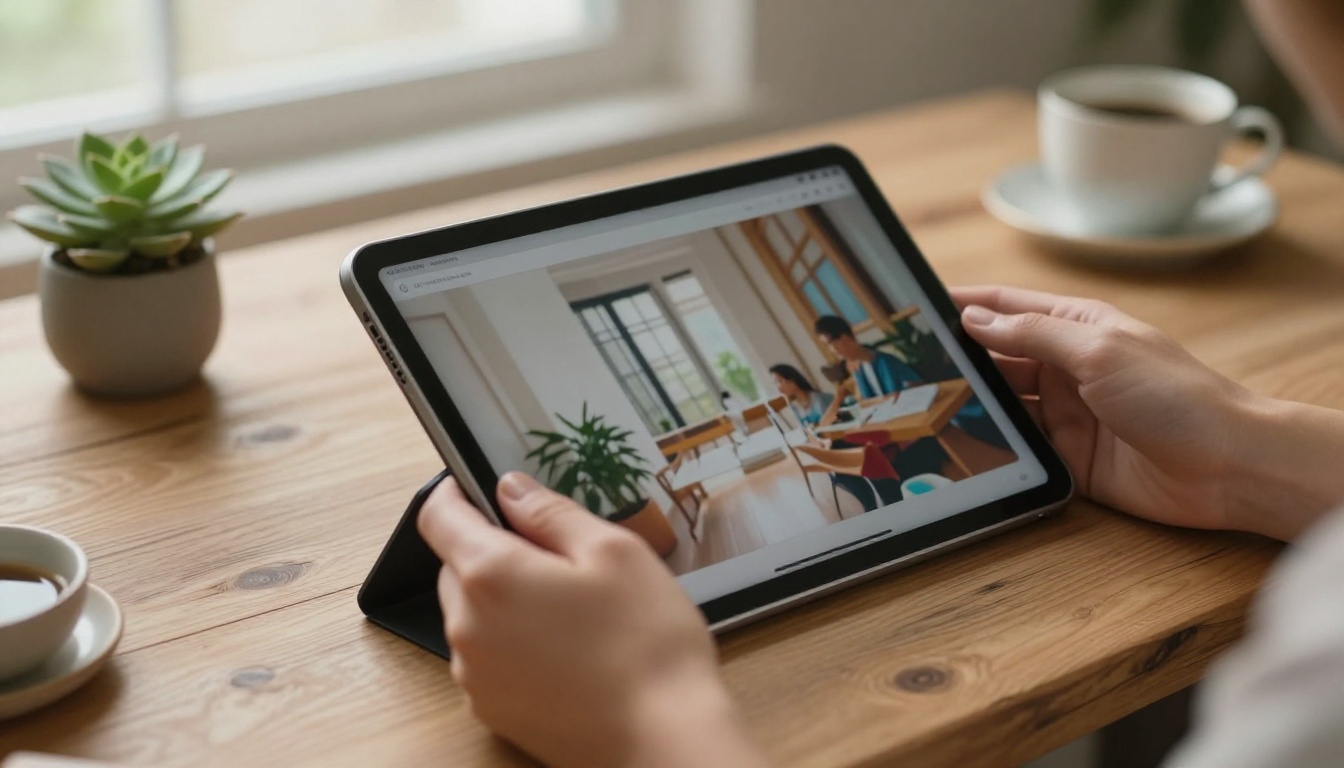 Woman's hands holding a tablet with a beautifully designed digital charity brochure on a wooden desk