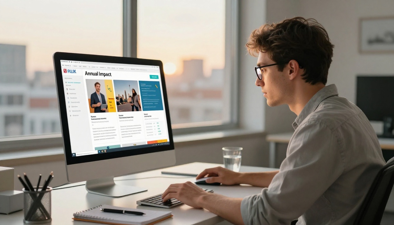 Young man intently reading a digital nonprofit impact report on an iMac screen at his bright office